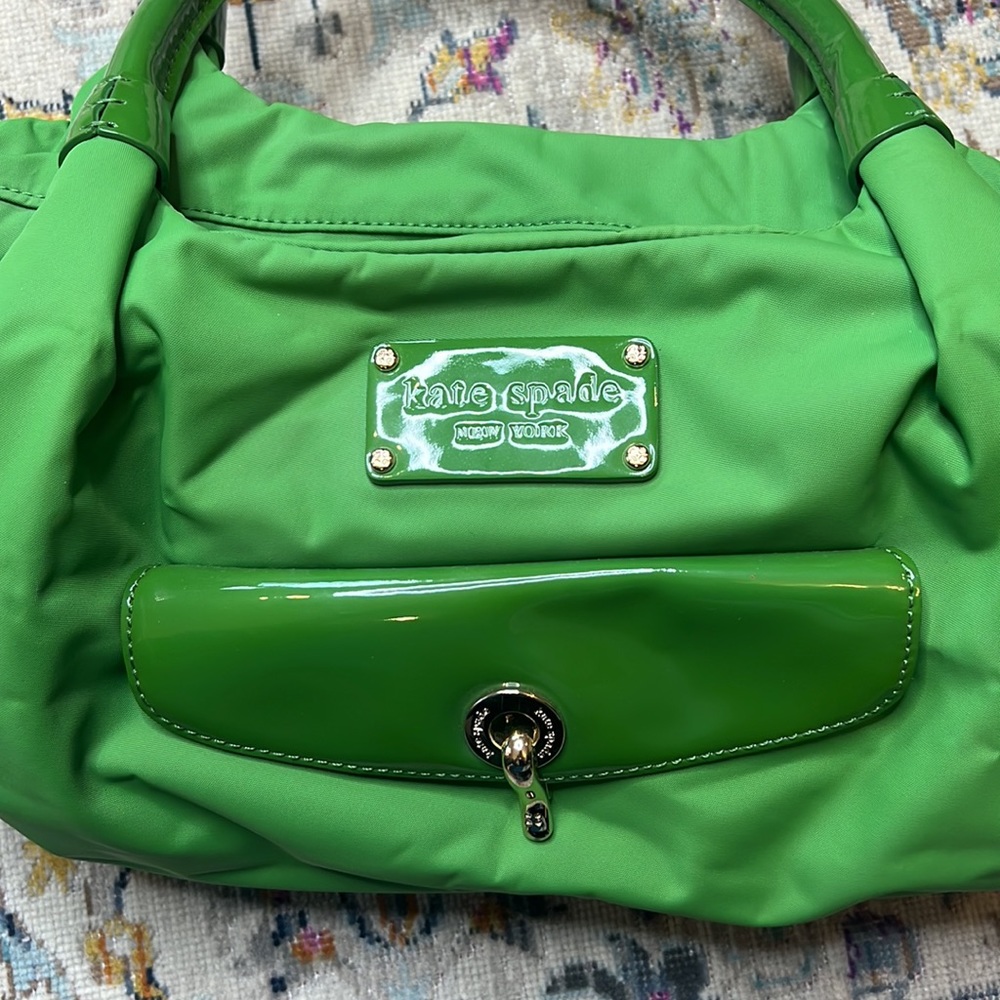 Vintage Kate Spade Stevie Green Nylon and Patent Leather Satchel Handbag - Picture 2 of 16